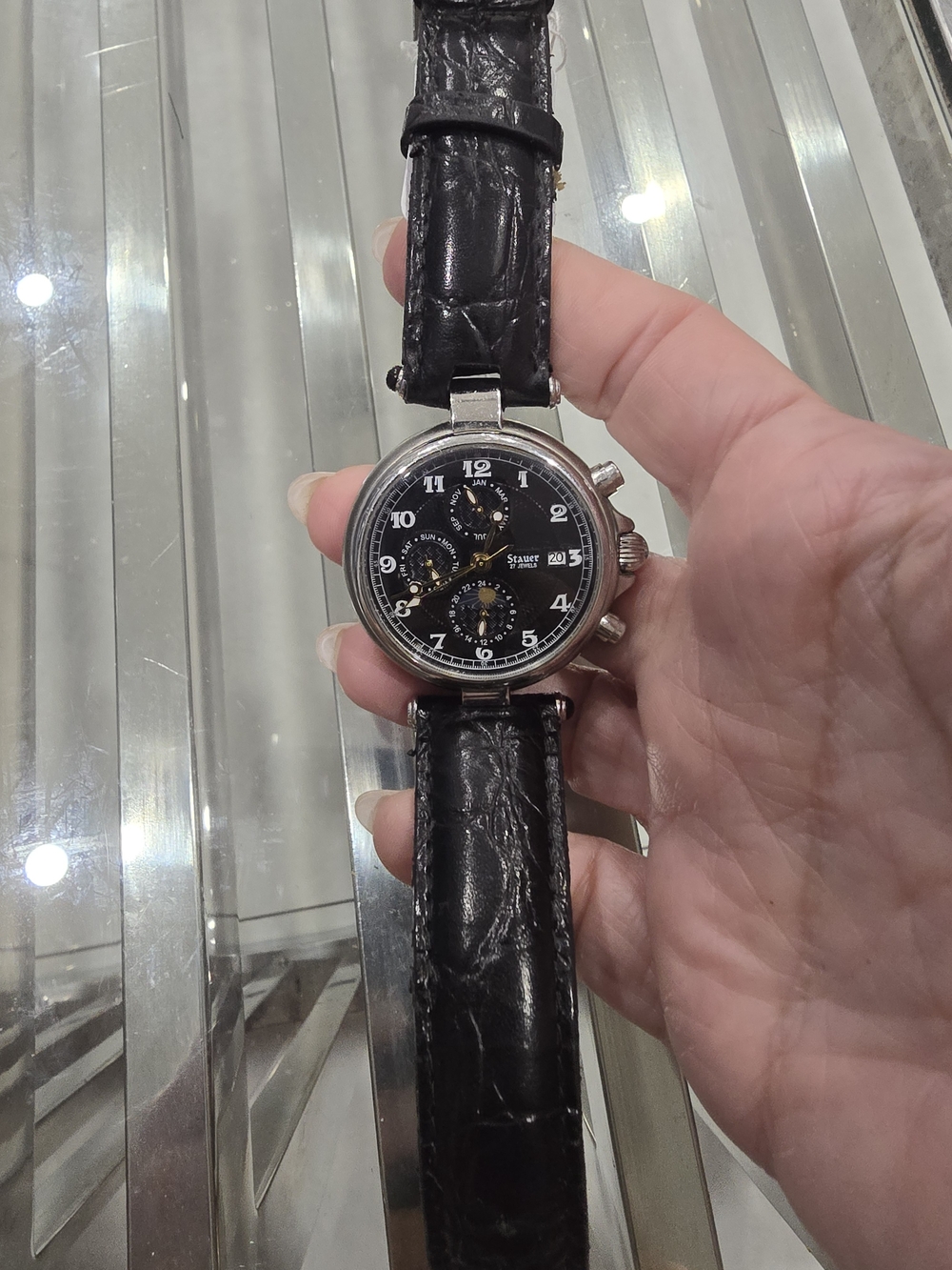 Men's Black Dial Chronograph Watch with Black Leather Strap